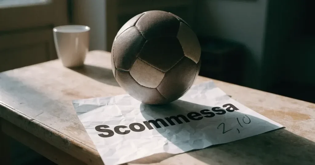 Un pallone da calcio appoggiato su una schedina bianca su un tavolo di legno, alla luce del giorno