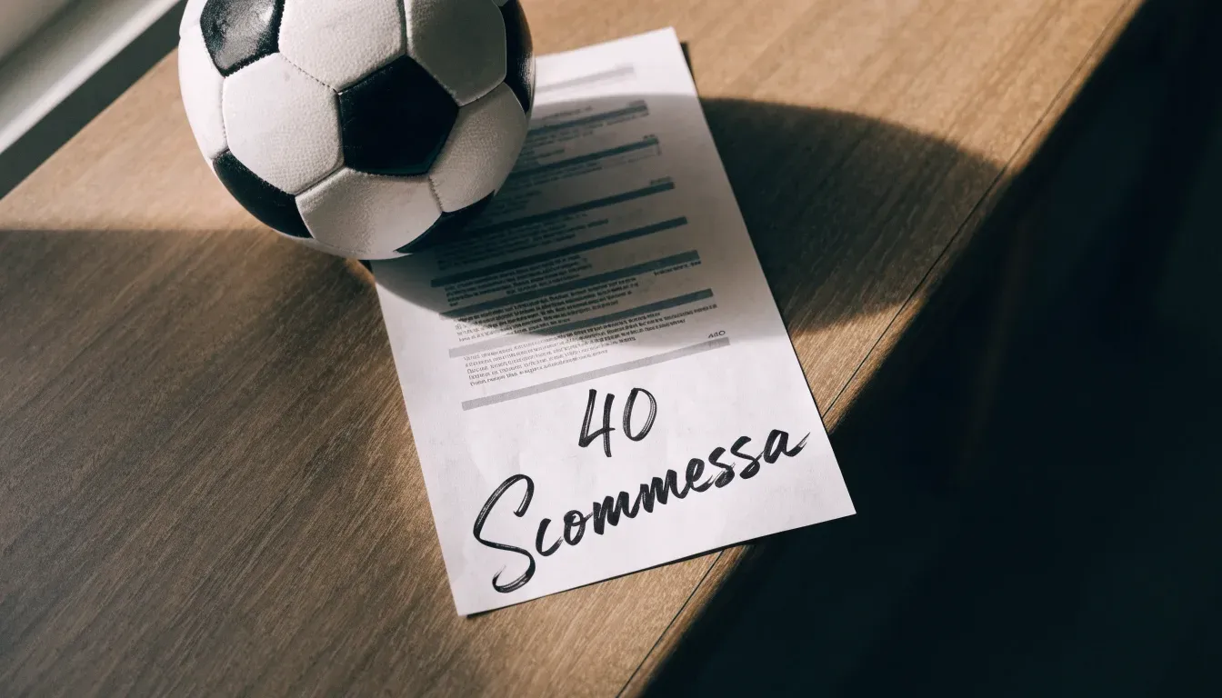 Un pallone da calcio appoggiato su una schedina bianca su un tavolo di legno, alla luce del giorno