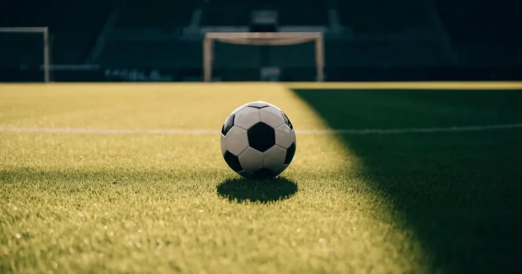 Un pallone da calcio sul dischetto del centrocampo di un prato, alla luce del mattino