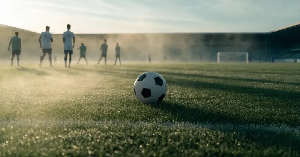 Un pallone da calcio sul dischetto del centrocampo di un prato, alla luce del mattino