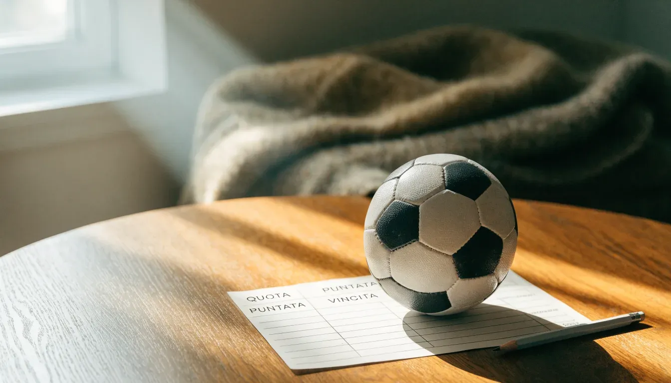 Un pallone da calcio appoggiato su una schedina bianca su un tavolo di legno, alla luce del giorno