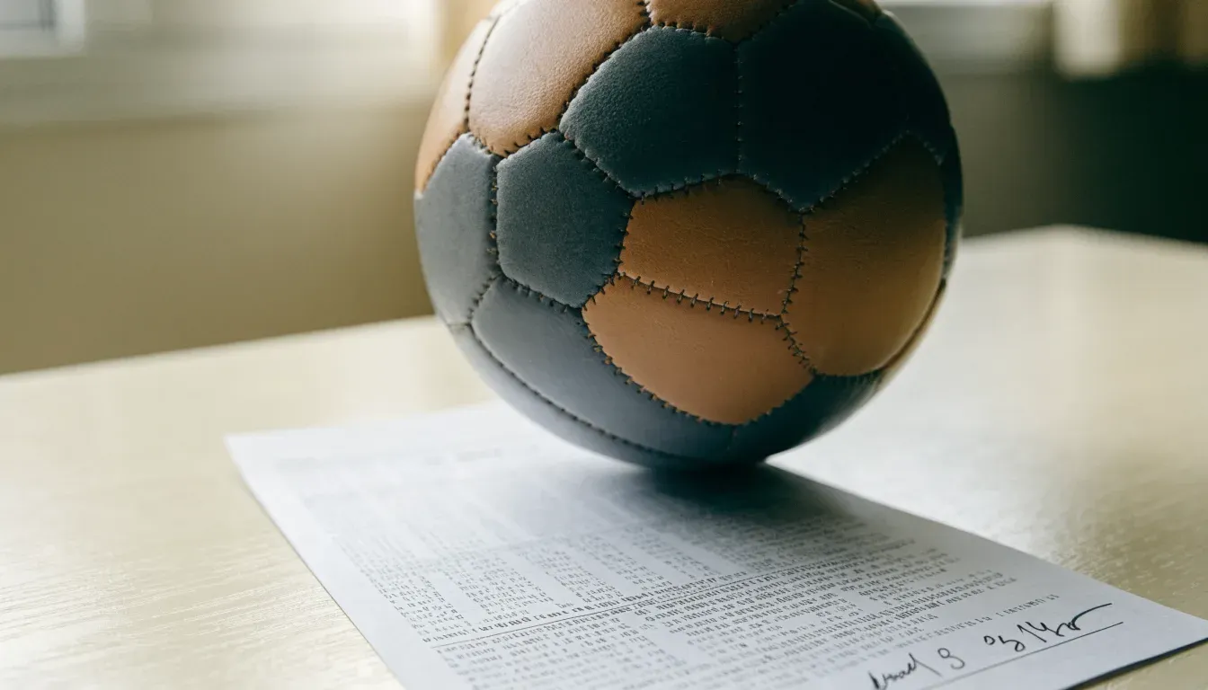 Un pallone da calcio appoggiato su una schedina bianca su un tavolo di legno, alla luce del giorno