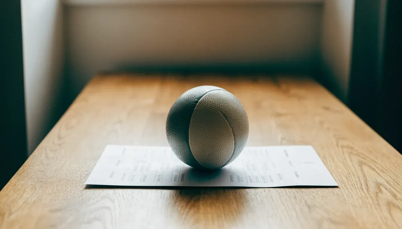 Un pallone da calcio appoggiato su una schedina bianca su un tavolo di legno, alla luce del giorno