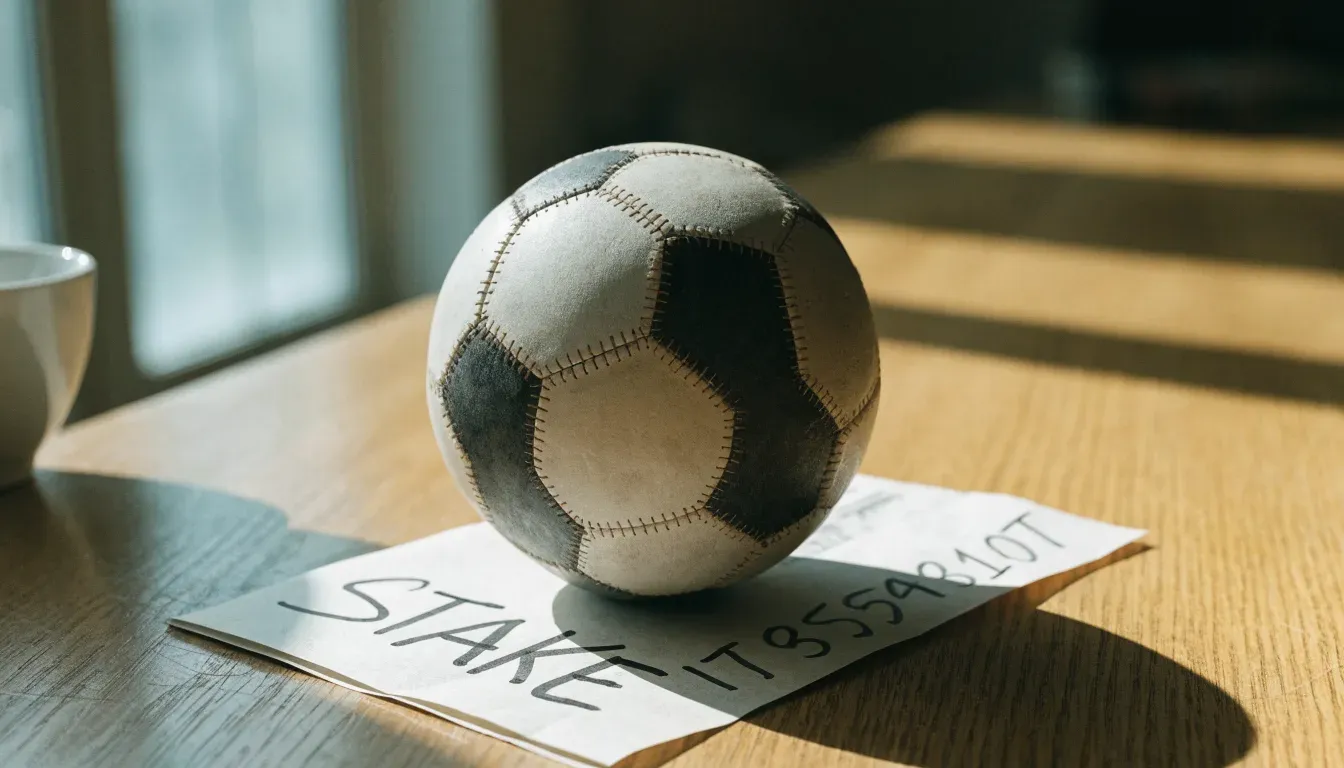 Un pallone da calcio appoggiato su una schedina bianca su un tavolo di legno, alla luce del giorno