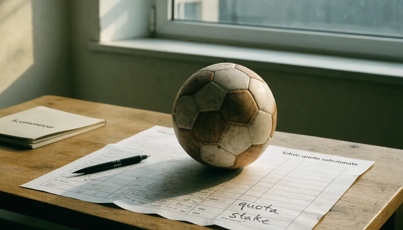 Un pallone da calcio appoggiato su una schedina bianca su un tavolo di legno, alla luce del giorno