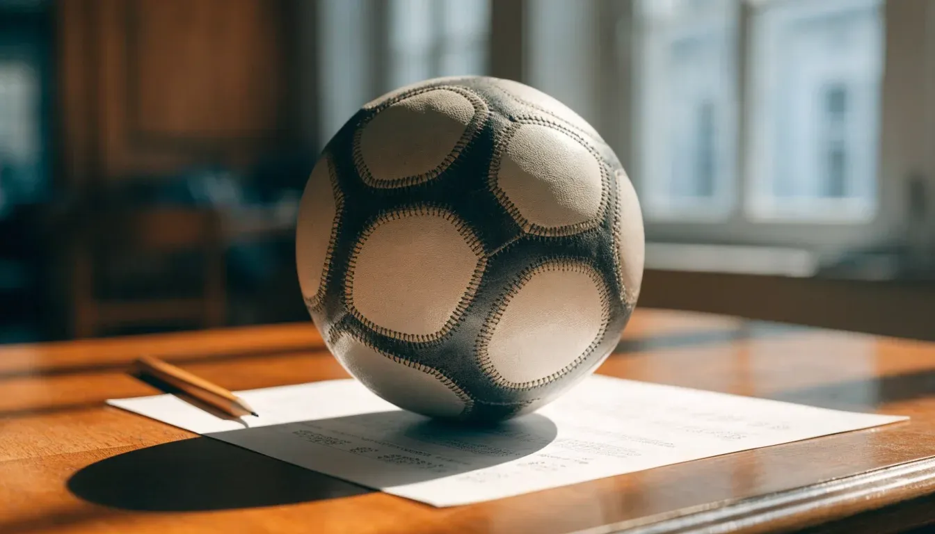 Un pallone da calcio appoggiato su una schedina bianca su un tavolo di legno, alla luce del giorno