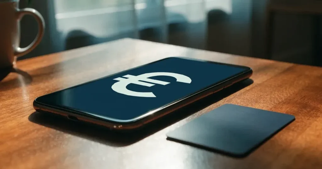 Uno smartphone e una carta di pagamento affiancati su un tavolo di legno, con alcune banconote da euro accanto