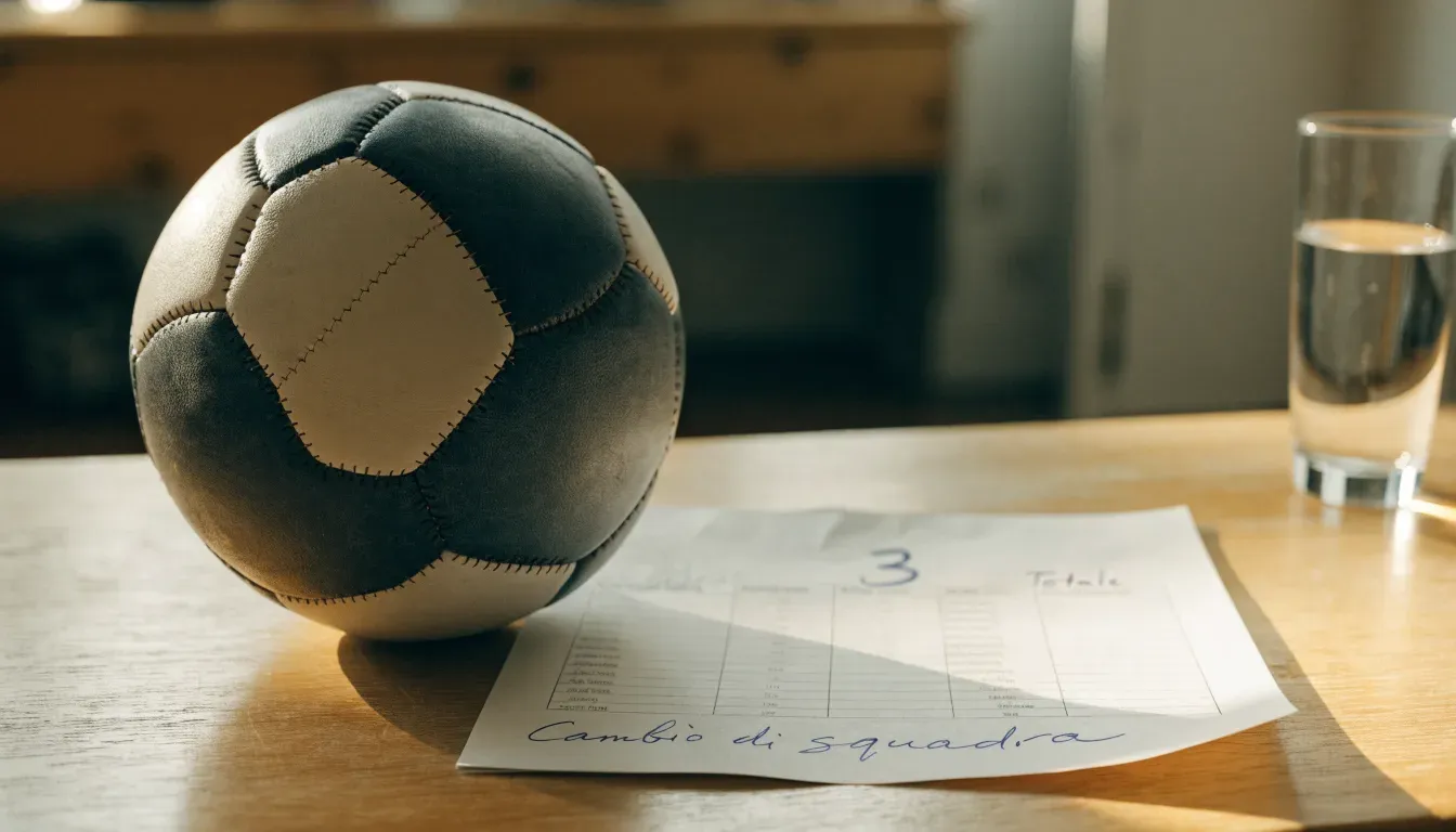 Un pallone da calcio appoggiato su una schedina bianca su un tavolo di legno, alla luce del giorno