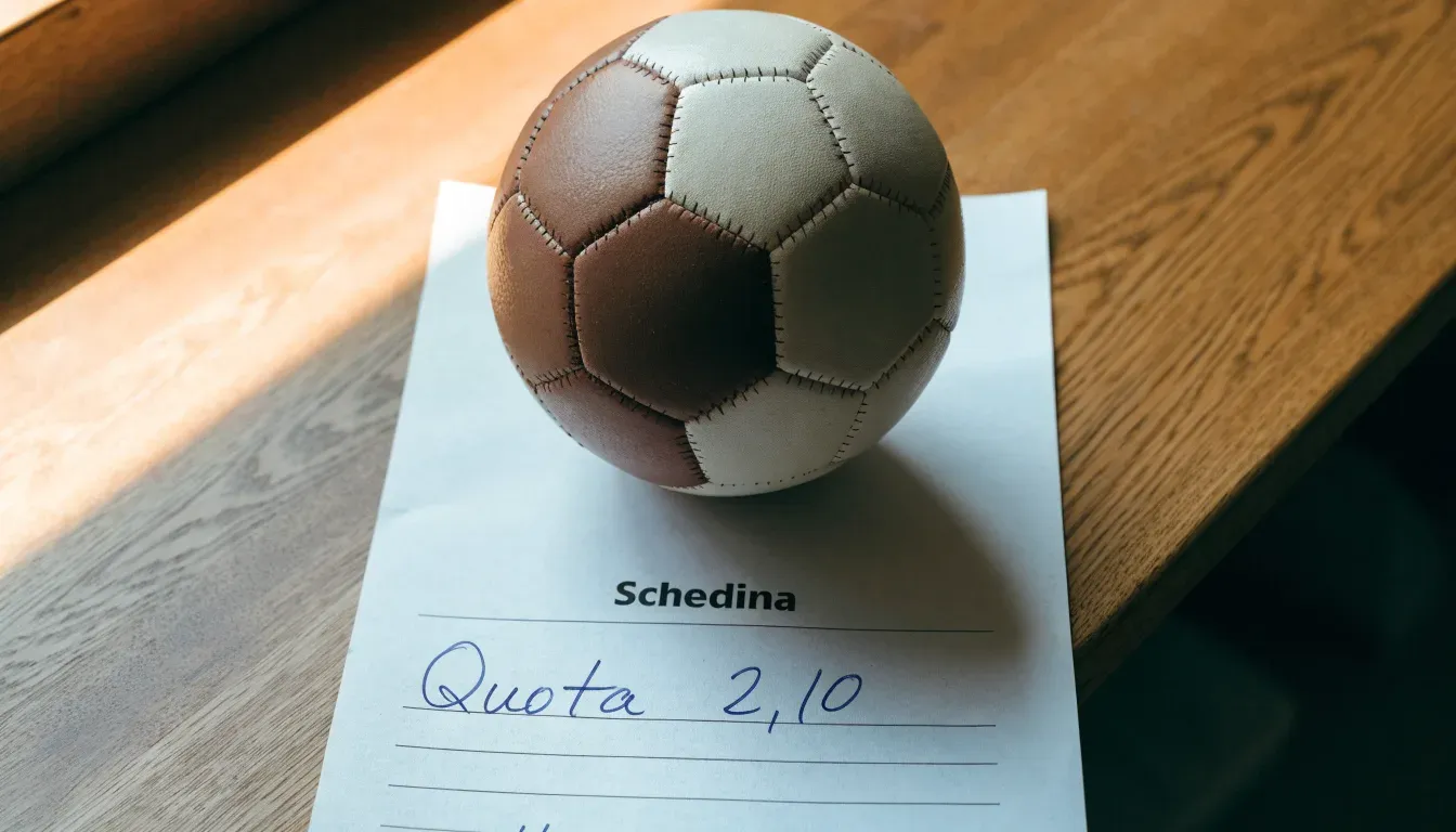 Un pallone da calcio appoggiato su una schedina bianca su un tavolo di legno, alla luce del giorno