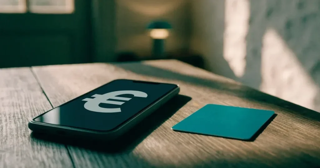 Uno smartphone e una carta di pagamento affiancati su un tavolo di legno, con alcune banconote da euro accanto