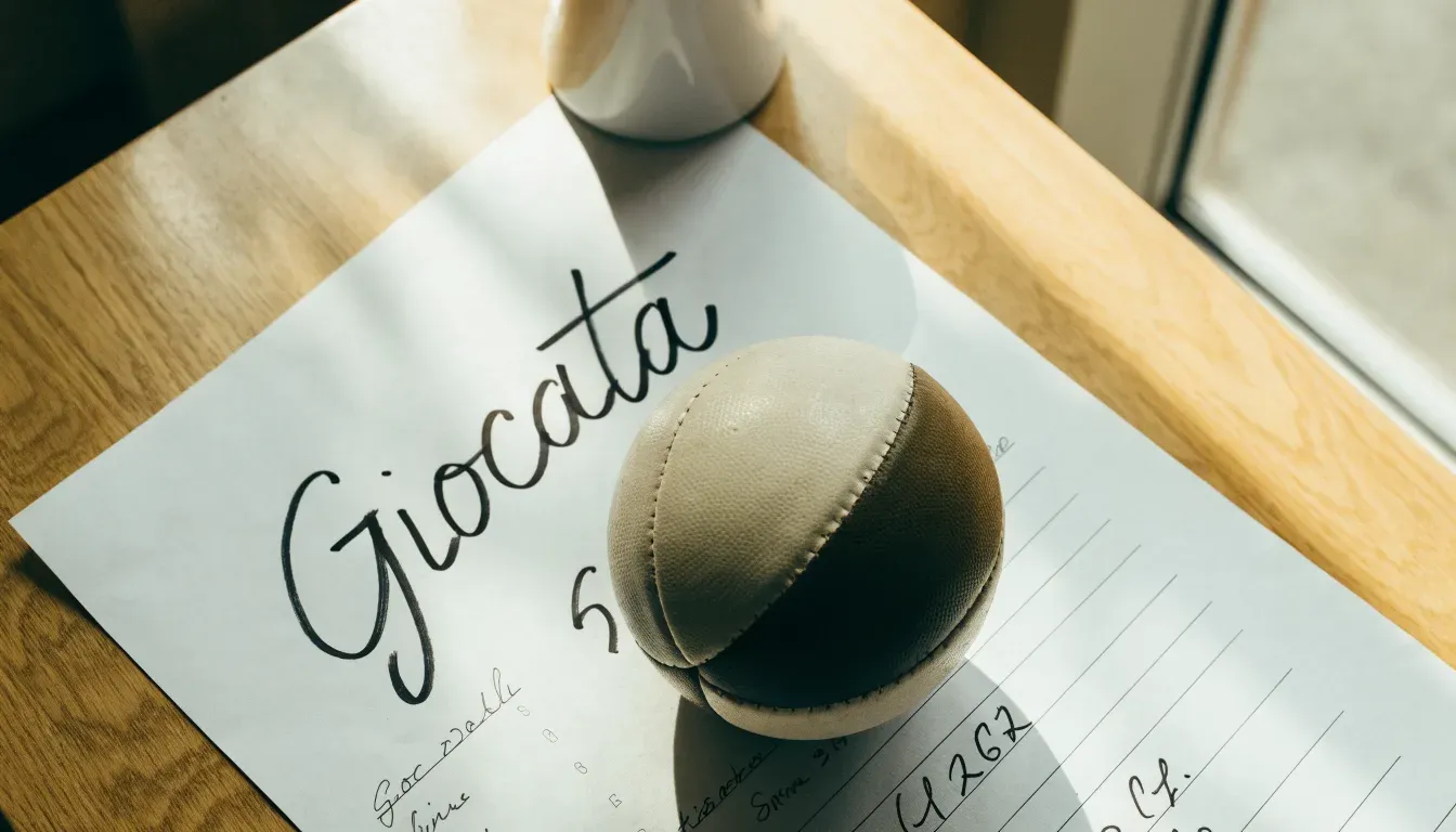 Un pallone da calcio appoggiato su una schedina bianca su un tavolo di legno, alla luce del giorno