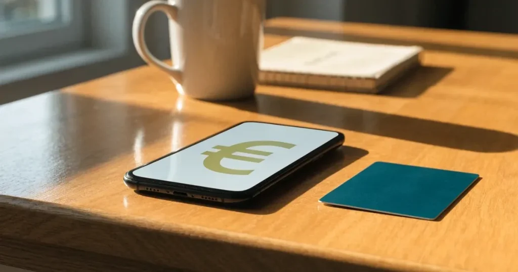Uno smartphone e una carta di pagamento affiancati su un tavolo di legno, con alcune banconote da euro accanto