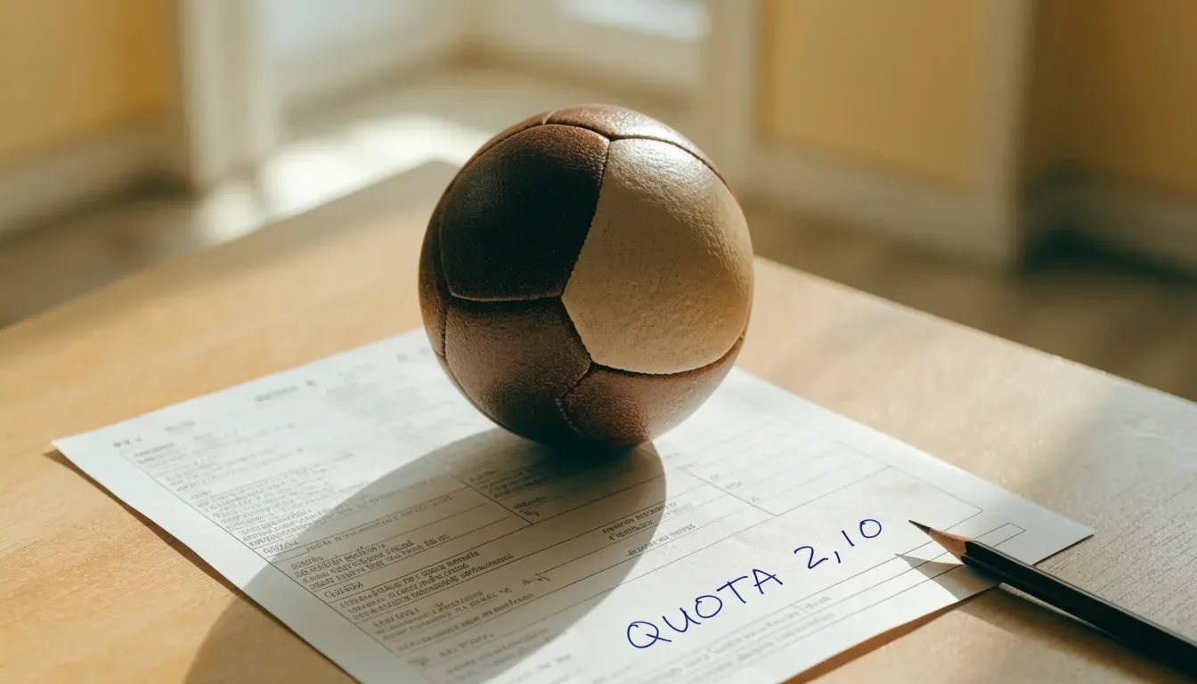 Un pallone da calcio appoggiato su una schedina bianca su un tavolo di legno, alla luce del giorno