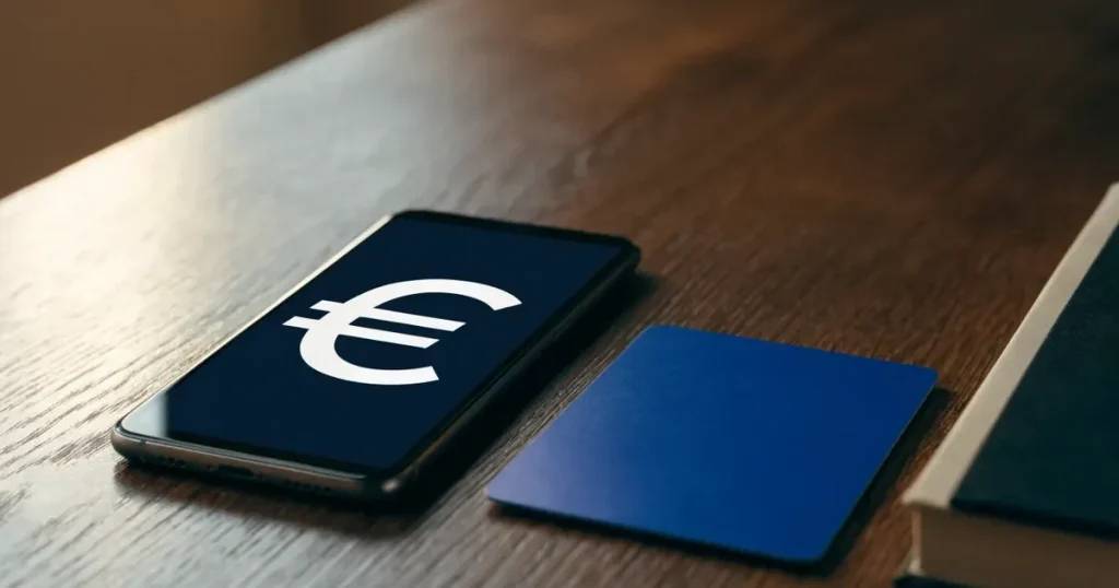 Uno smartphone e una carta di pagamento affiancati su un tavolo di legno, con alcune banconote da euro accanto