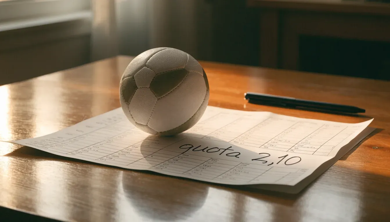 Un pallone da calcio appoggiato su una schedina bianca su un tavolo di legno, alla luce del giorno