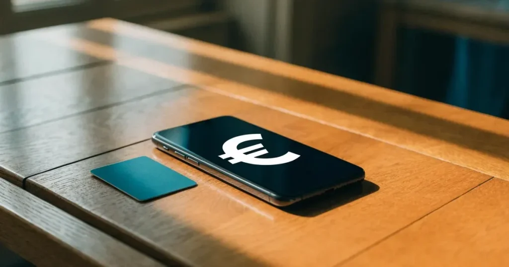 Uno smartphone e una carta di pagamento affiancati su un tavolo di legno, con alcune banconote da euro accanto