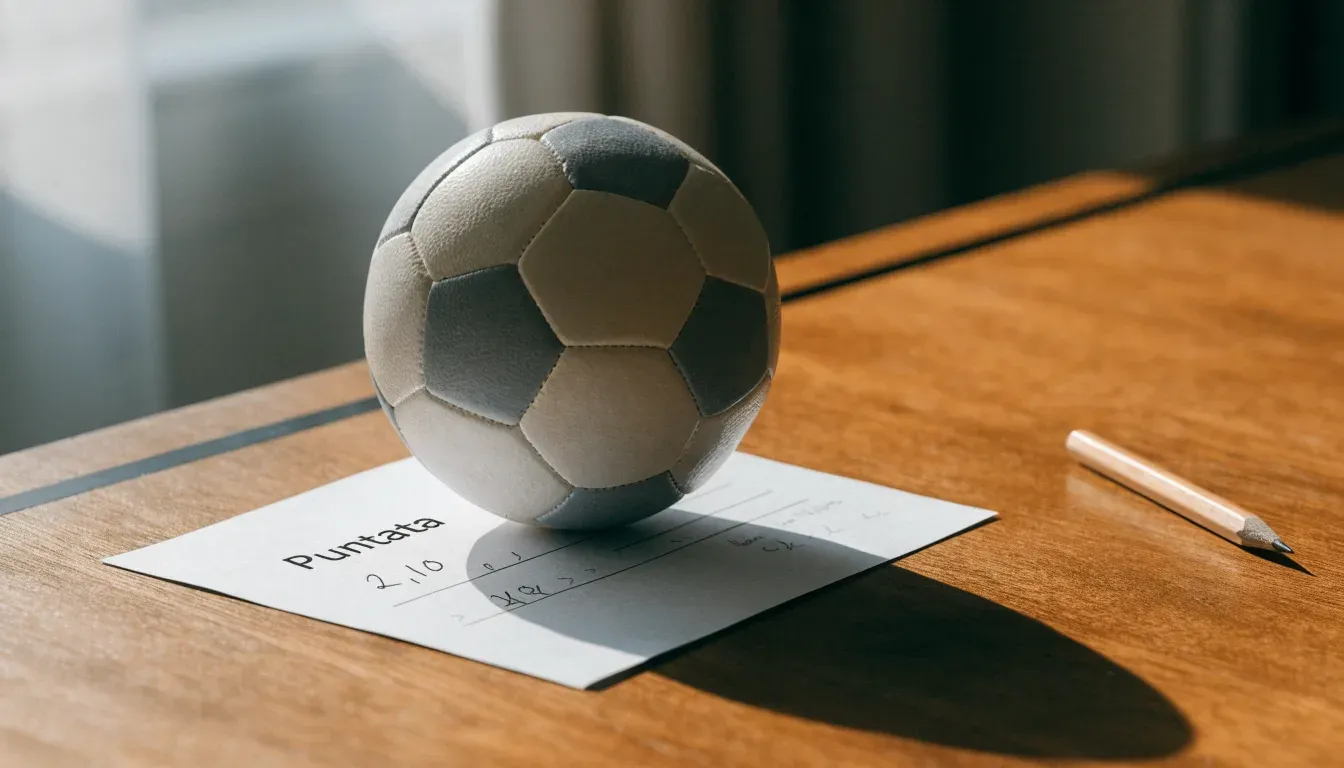 Un pallone da calcio appoggiato su una schedina bianca su un tavolo di legno, alla luce del giorno