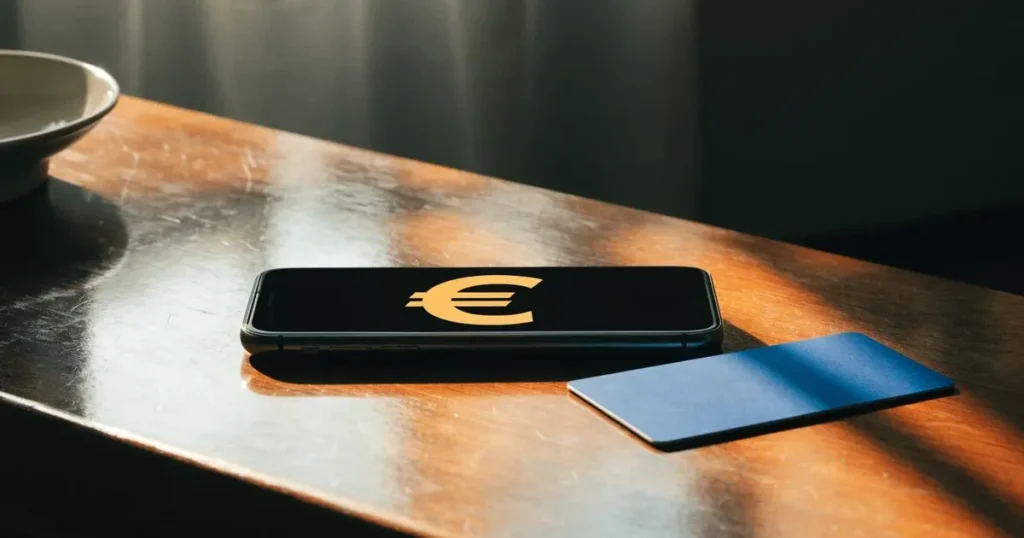 Uno smartphone e una carta di pagamento affiancati su un tavolo di legno, con alcune banconote da euro accanto