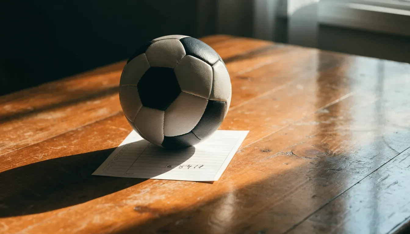 Un pallone da calcio appoggiato su una schedina bianca su un tavolo di legno, alla luce del giorno