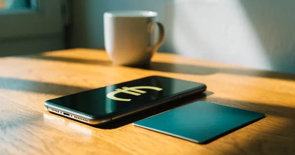 Uno smartphone e una carta di pagamento affiancati su un tavolo di legno, con alcune banconote da euro accanto