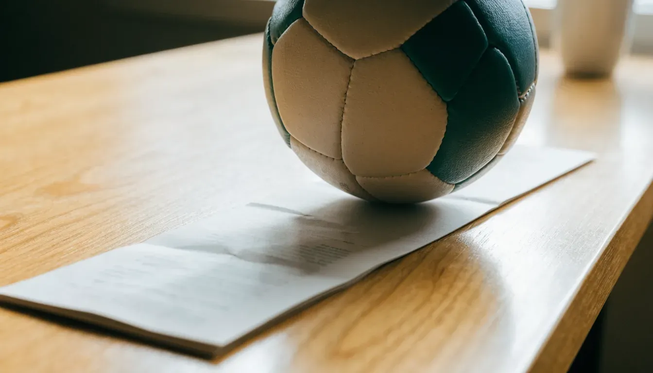 Un pallone da calcio appoggiato su una schedina bianca su un tavolo di legno, alla luce del giorno