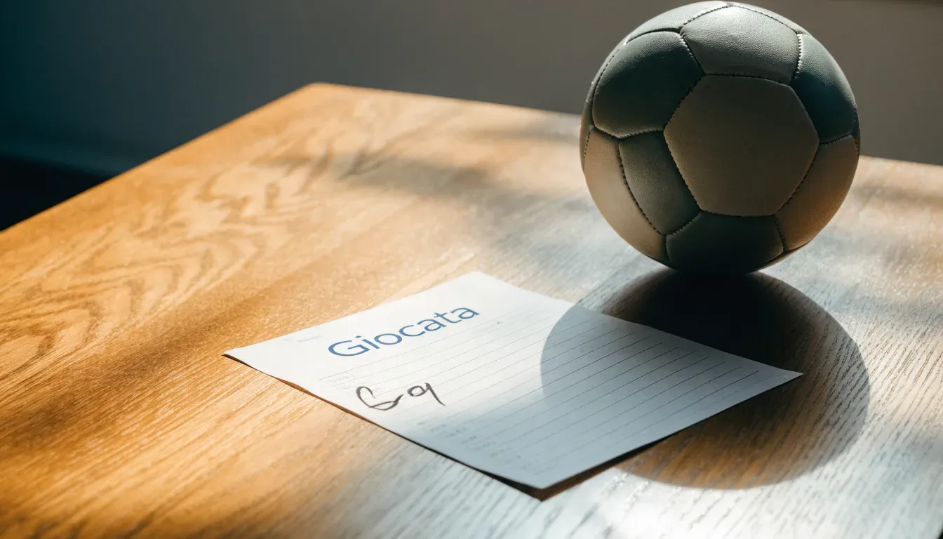 Un pallone da calcio appoggiato su una schedina bianca su un tavolo di legno, alla luce del giorno