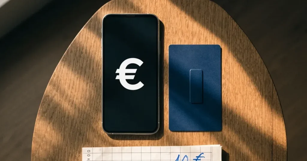 Uno smartphone e una carta di pagamento affiancati su un tavolo di legno, con alcune banconote da euro accanto