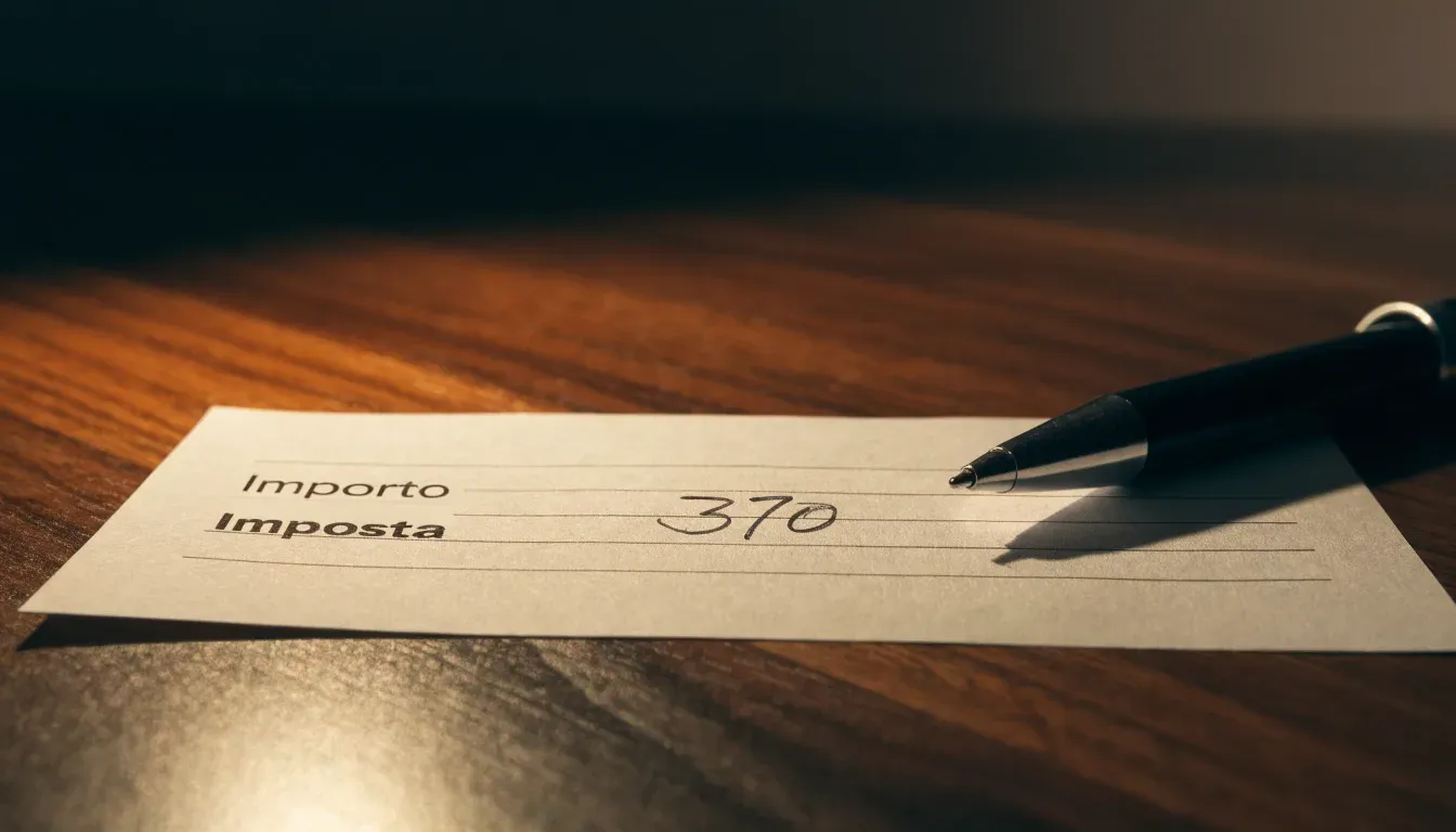 Un foglio di concessione in carta con un timbro rosso, appoggiato su una scrivania di legno accanto a una penna