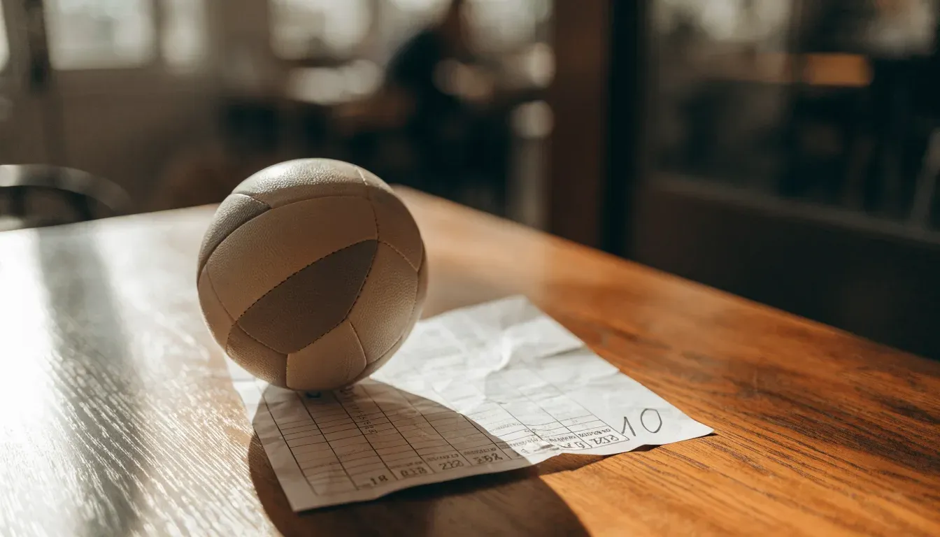Un pallone da calcio appoggiato su una schedina bianca su un tavolo di legno, alla luce del giorno