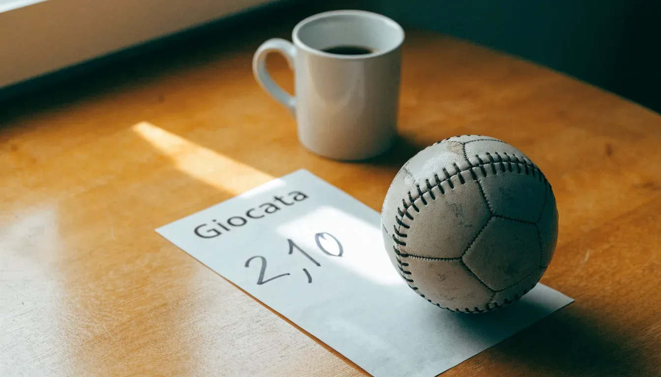 Un pallone da calcio appoggiato su una schedina bianca su un tavolo di legno, alla luce del giorno