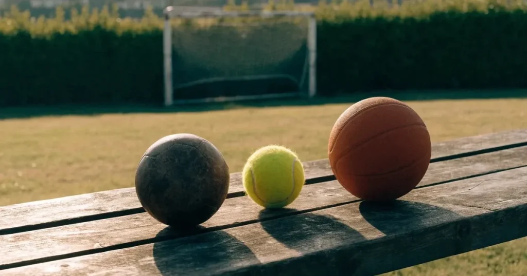 Tre palloni di sport diversi allineati uno accanto all'altro su una panca di legno