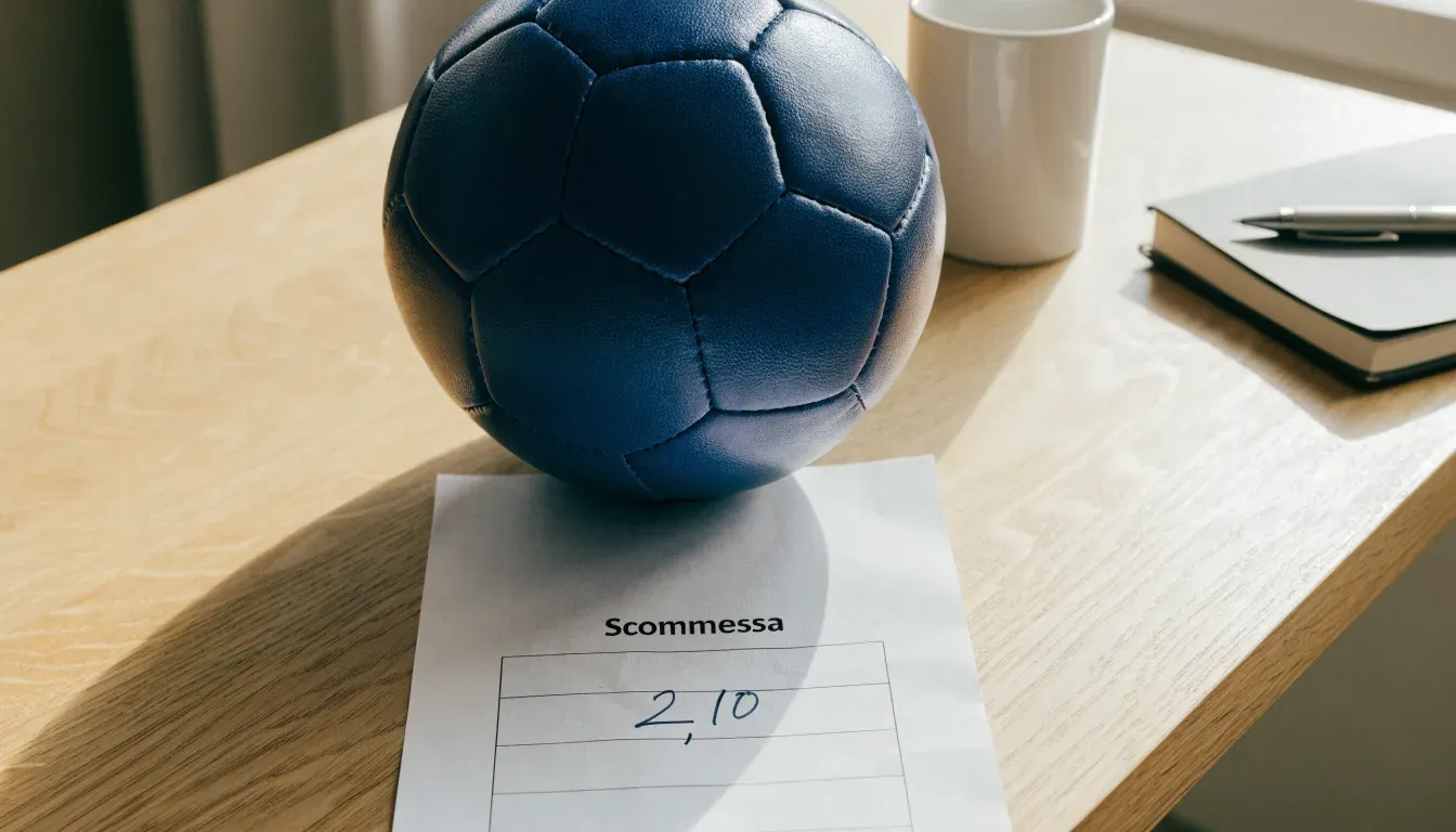Un pallone da calcio appoggiato su una schedina bianca su un tavolo di legno, alla luce del giorno