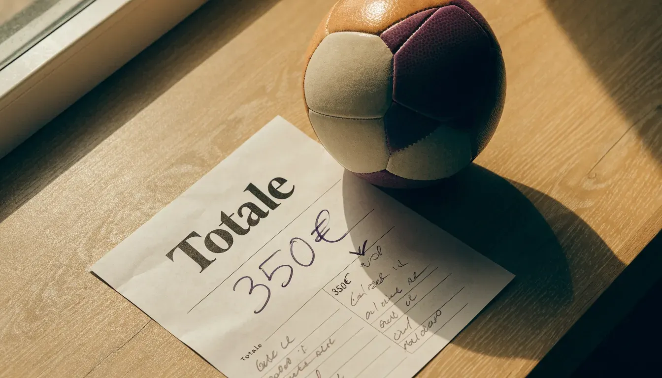 Un pallone da calcio appoggiato su una schedina bianca su un tavolo di legno, alla luce del giorno