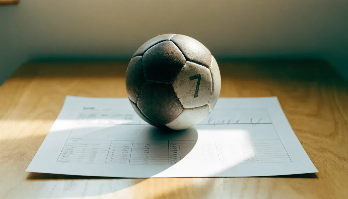 Un pallone da calcio appoggiato su una schedina bianca su un tavolo di legno, alla luce del giorno