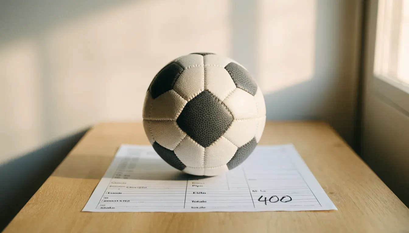 Un pallone da calcio appoggiato su una schedina bianca su un tavolo di legno, alla luce del giorno