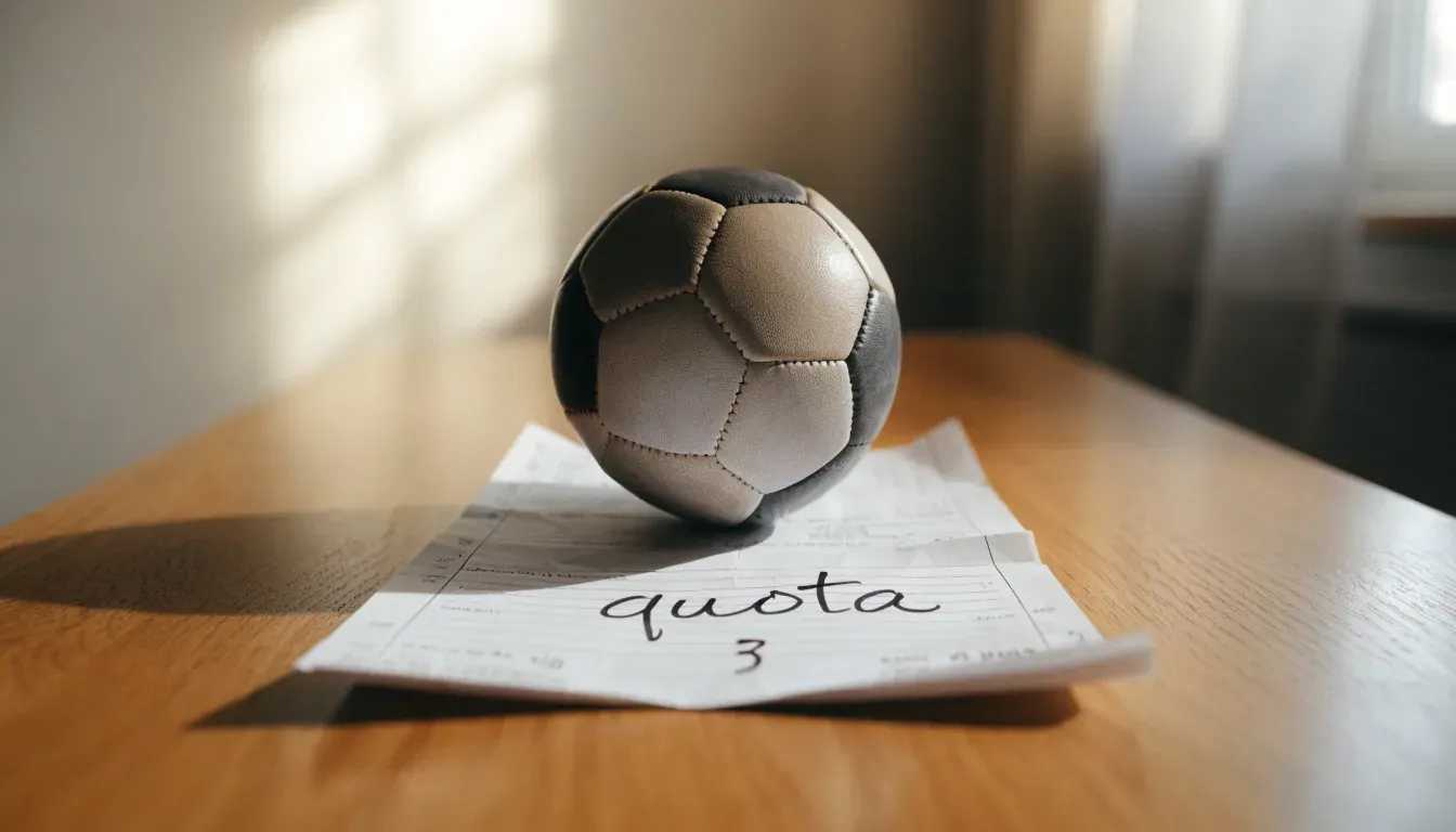 Un pallone da calcio appoggiato su una schedina bianca su un tavolo di legno, alla luce del giorno