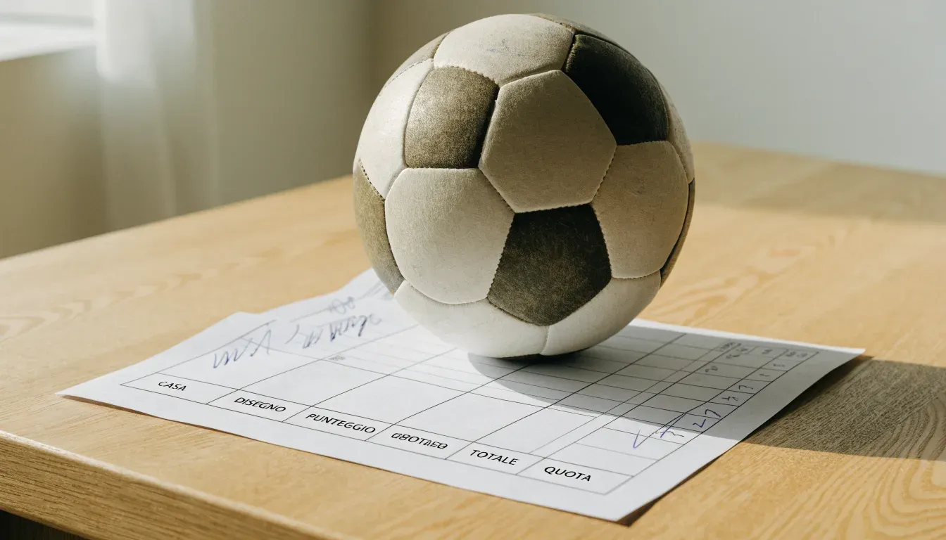 Un pallone da calcio appoggiato su una schedina bianca su un tavolo di legno, alla luce del giorno
