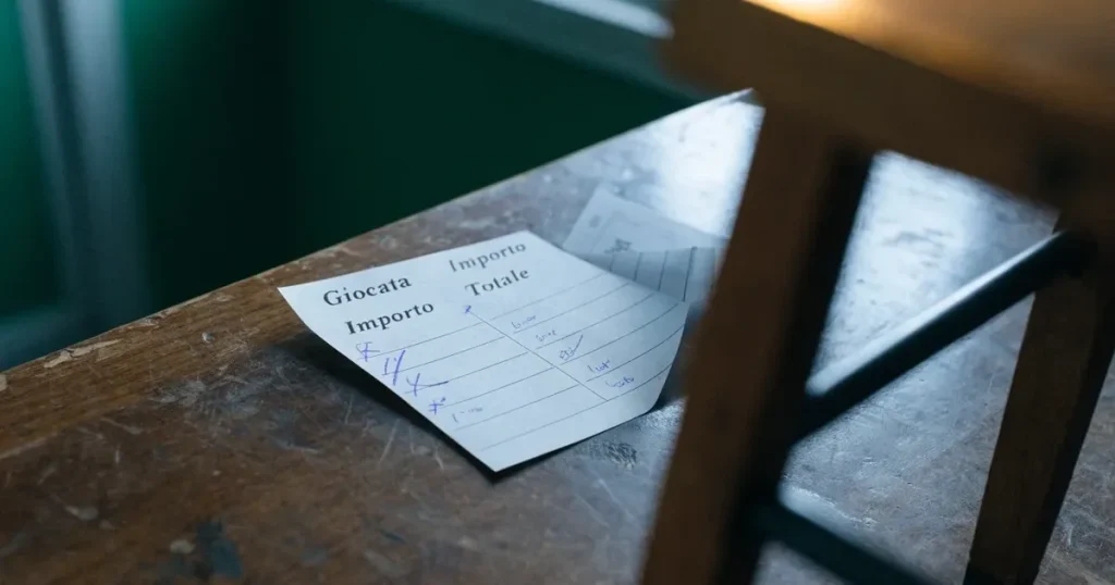 Una schedina con diverse selezioni segnate a penna su un bancone di legno