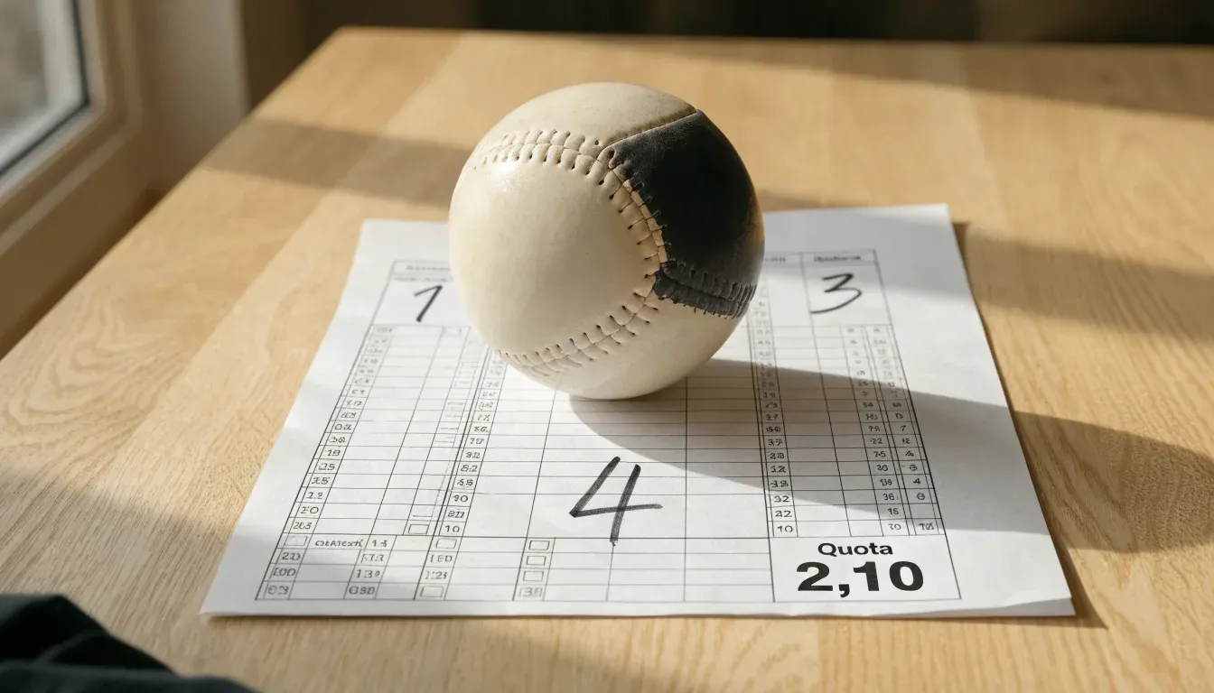 Un pallone da calcio appoggiato su una schedina bianca su un tavolo di legno, alla luce del giorno