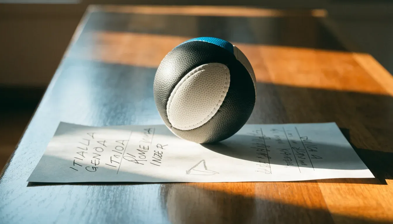 Un pallone da calcio appoggiato su una schedina bianca su un tavolo di legno, alla luce del giorno