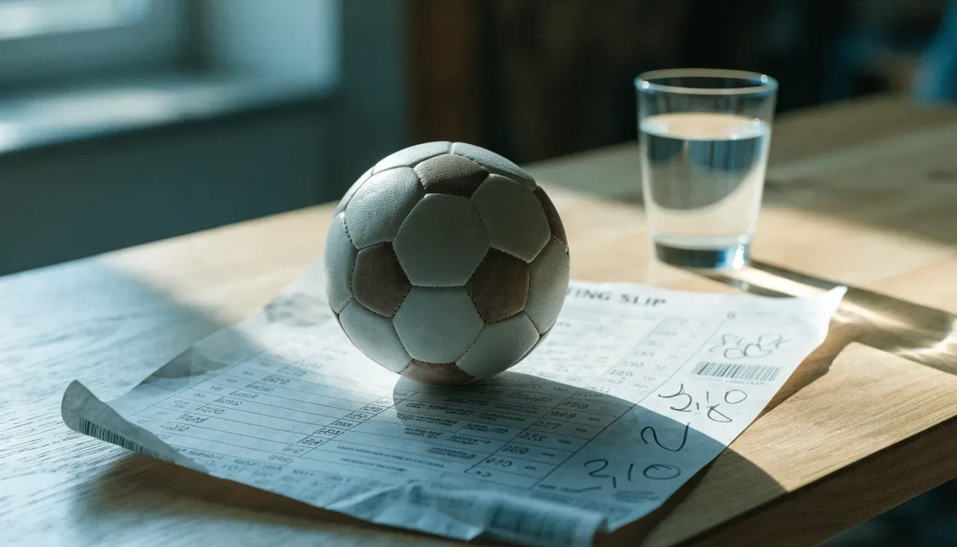 Un pallone da calcio appoggiato su una schedina bianca su un tavolo di legno, alla luce del giorno