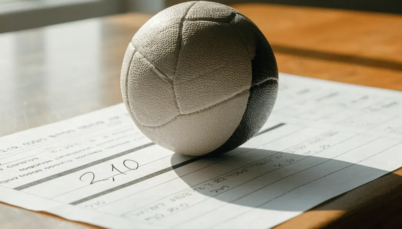 Un pallone da calcio appoggiato su una schedina bianca su un tavolo di legno, alla luce del giorno