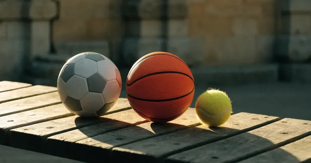 Tre palloni di sport diversi allineati uno accanto all'altro su una panca di legno